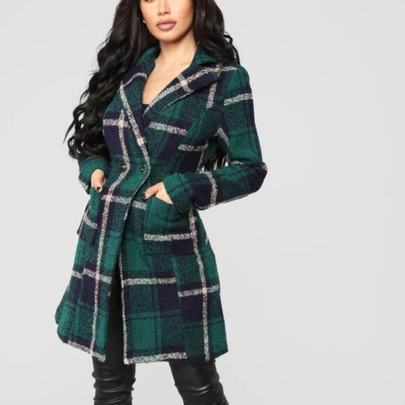 Solitaire green and‎ blue plaid shawl collar buttoned long pea coat sz large new - Picture 1 of 10